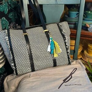 Brian Atwood Black & White Rafia Tote w Fringe Detail & Black Leather Straps